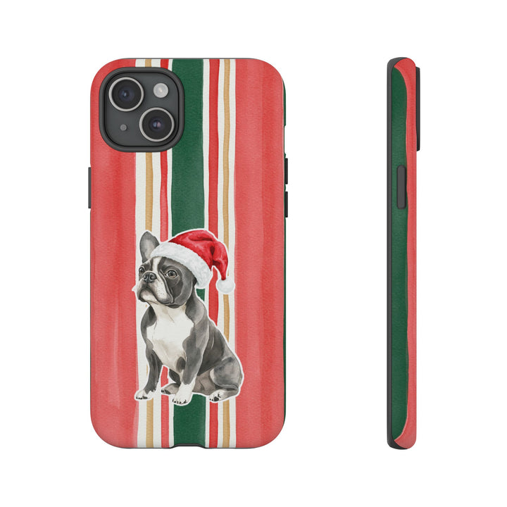 French Bulldog Christmas Tough iPhone Case, Classic Red Green Stripes, Santa Dog Phone Cover