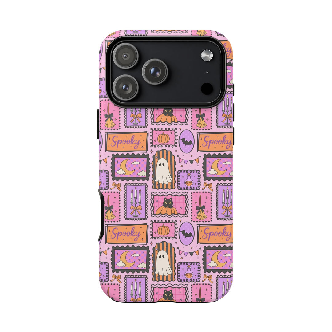 Pink Spooky Frames Tough iPhone Case, Halloween Ghost Black Cat Pumpkin Phone Cover, Matte or Glossy
