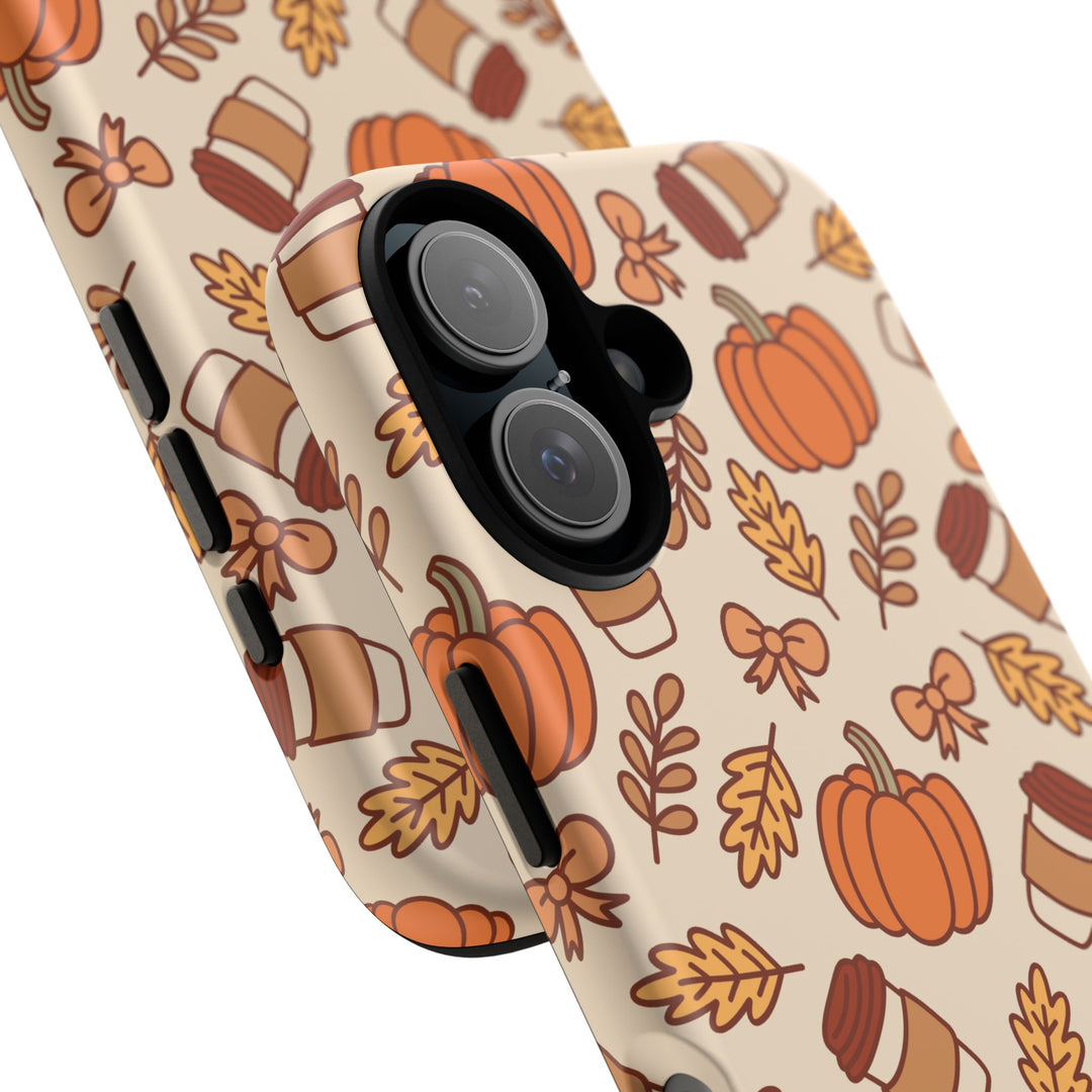 Pumpkin Coffee Tough iPhone Case, Fall Leaves and Bows Autumn Phone Cover, Matte or Glossy