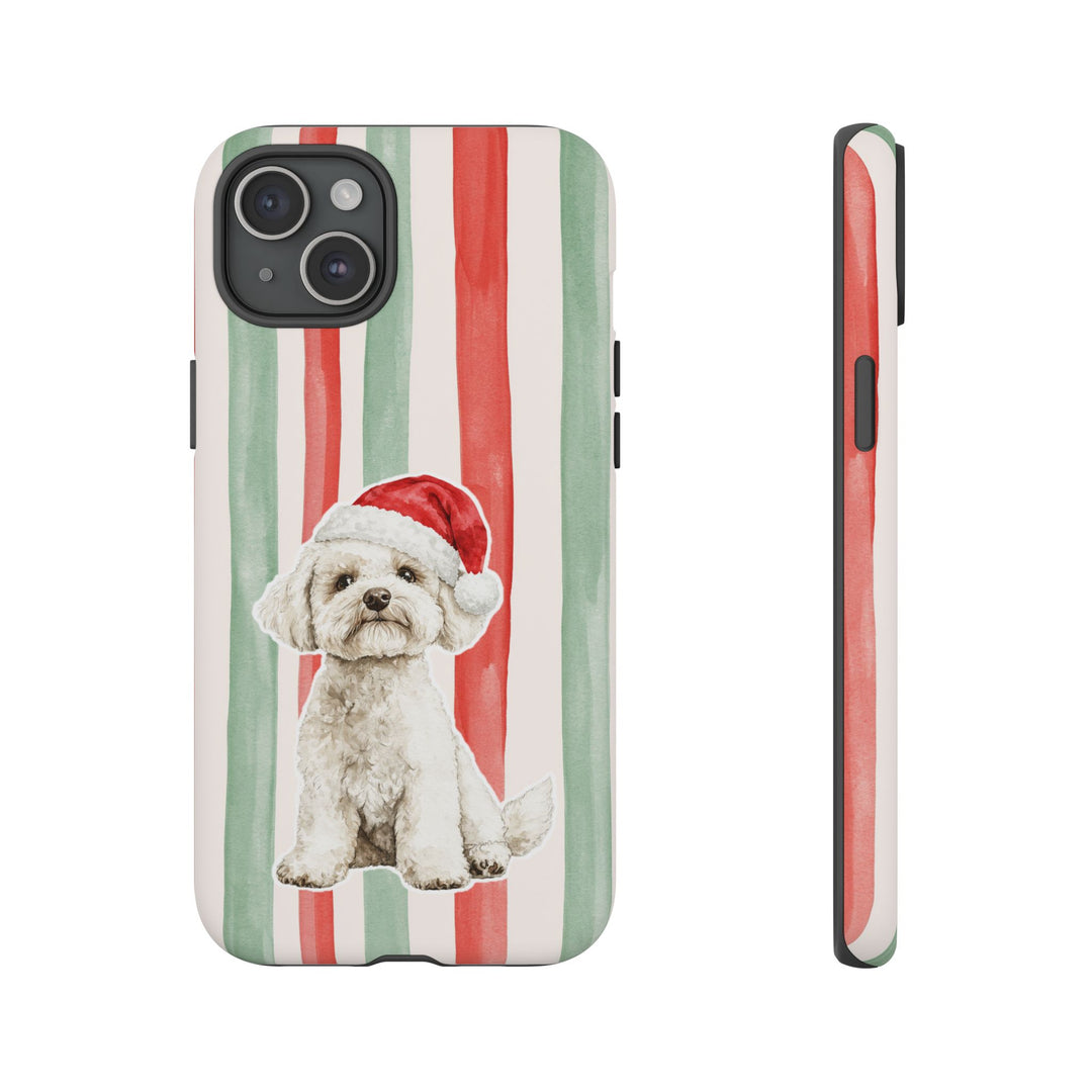 Maltese Christmas Tough iPhone Case, Red Sage Stripes, Santa Dog Phone Cover