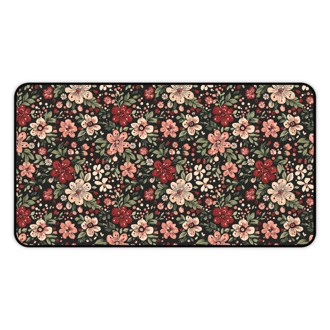 Retro Christmas Floral Desk Mat, Dark Botanical Holiday Desk Pad, Pink and Red Flower Office Decor