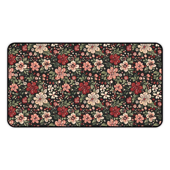 Retro Christmas Floral Desk Mat, Dark Botanical Holiday Desk Pad, Pink and Red Flower Office Decor