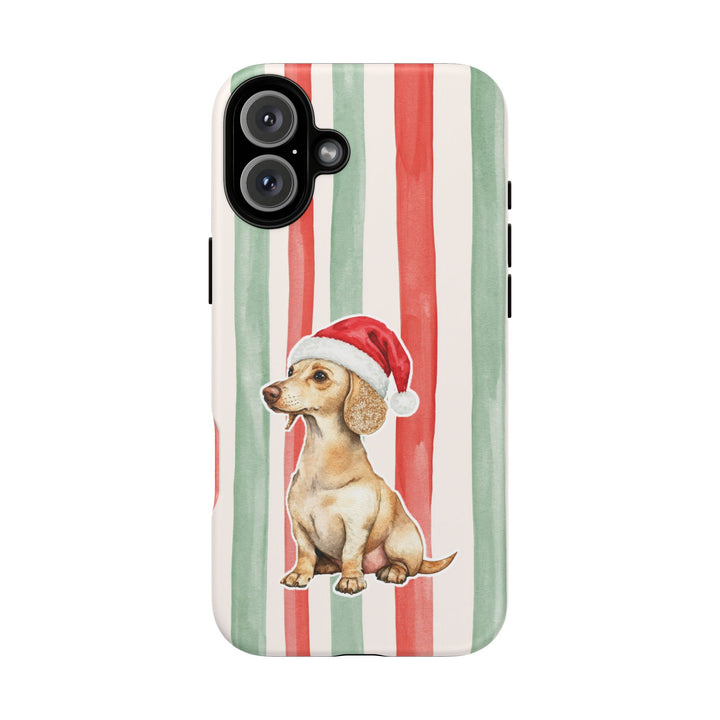 Dachshund Christmas Tough iPhone Case, Red Sage Stripes, Santa Dog Phone Cover