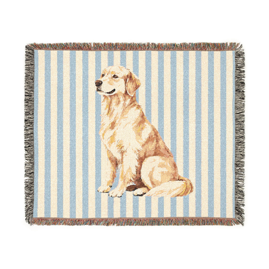 Golden Retriever Woven Blanket, Blue Stripe Cotton Throw, Golden Retriever Mom Gift, 60 x 50