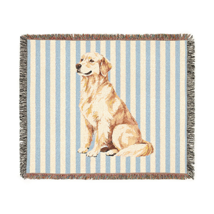 Golden Retriever Woven Blanket, Blue Stripe Cotton Throw, Golden Retriever Mom Gift, 60 x 50