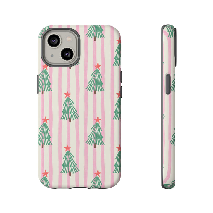 Retro Christmas Tree Tough iPhone Case, Pink Stripe Green Tree Holiday Phone Cover, Matte or Glossy