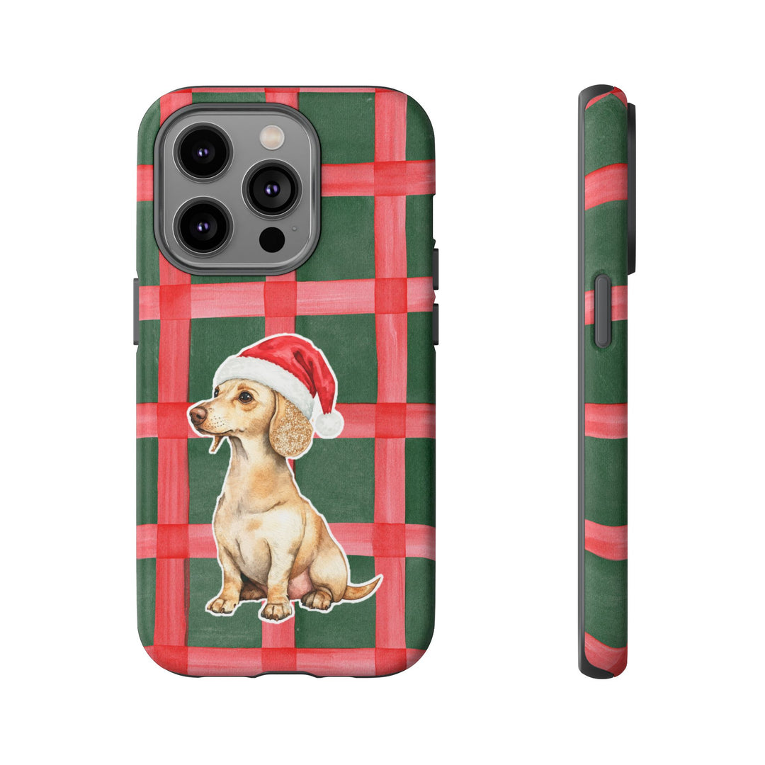 Dachshund Christmas Tough iPhone Case, Red Green Plaid, Santa Dog Phone Cover