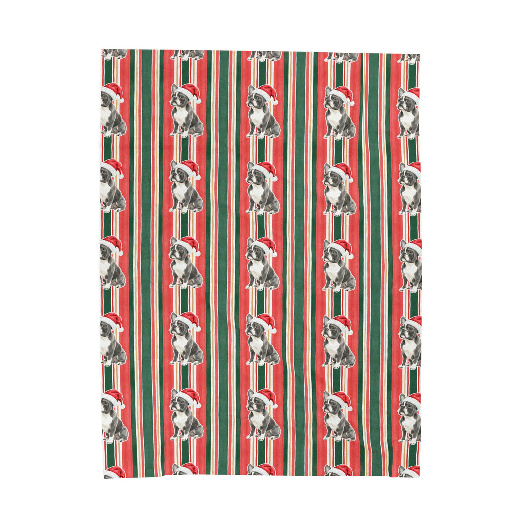 French Bulldog Christmas Velveteen Plush Blanket, Classic Red Green Stripes, Santa Dog Throw