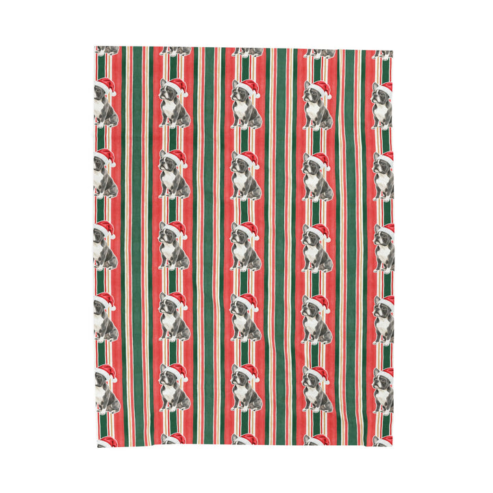 French Bulldog Christmas Velveteen Plush Blanket, Classic Red Green Stripes, Santa Dog Throw
