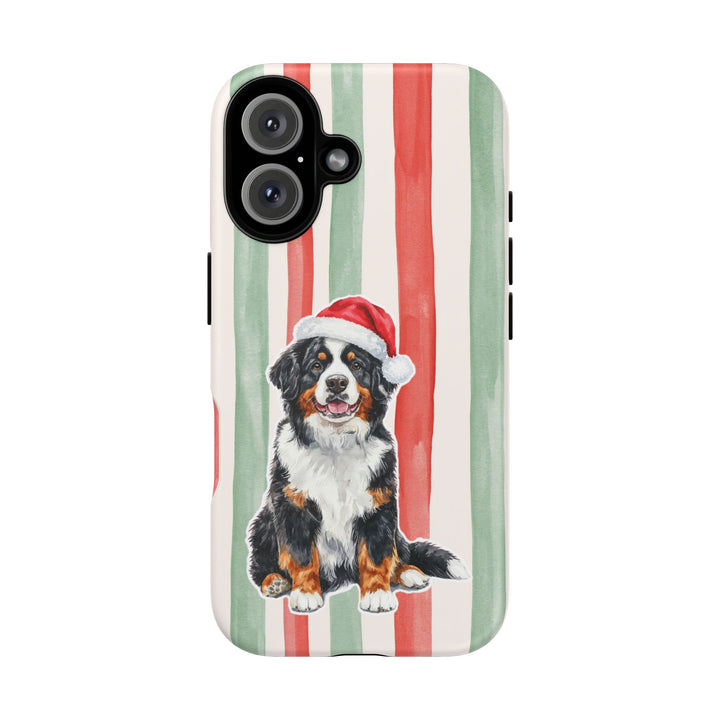 Bernese Mountain Dog Christmas Tough iPhone Case, Red Sage Stripes, Santa Dog Phone Cover