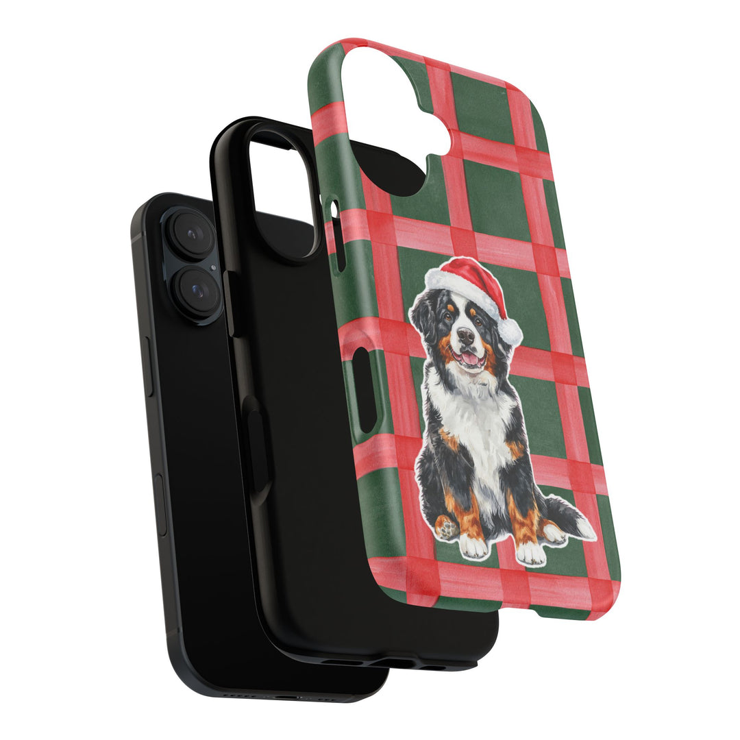 Bernese Mountain Dog Christmas Tough iPhone Case, Red Green Plaid, Santa Dog Phone Cover