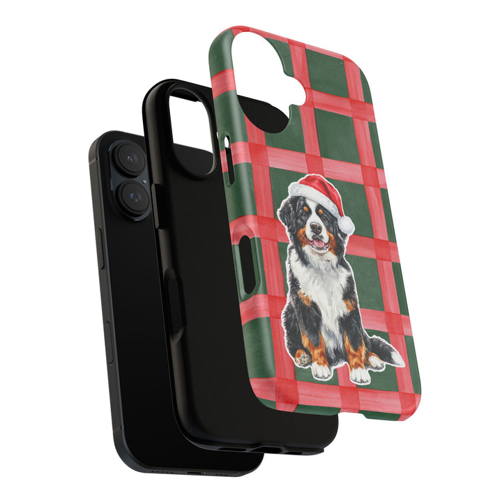 Bernese Mountain Dog Christmas Tough iPhone Case, Red Green Plaid, Santa Dog Phone Cover
