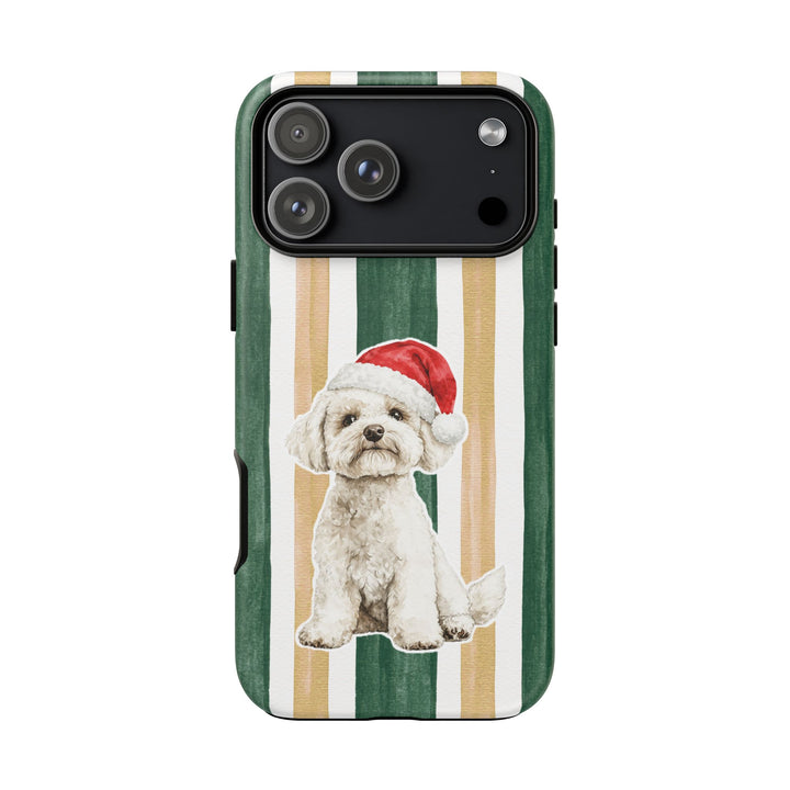 Maltese Christmas Tough iPhone Case, Green Gold Stripes, Santa Dog Phone Cover