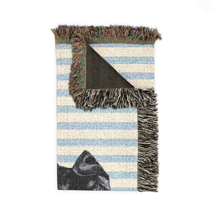 Black Lab Woven Blanket, Blue Stripe Cotton Throw, Labrador Mom Gift, 60 x 50
