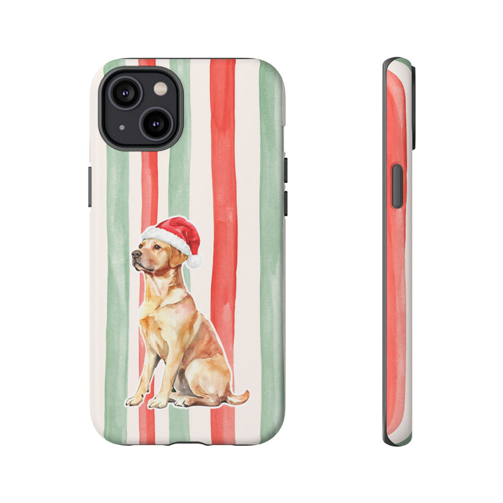 Yellow Labrador Christmas Tough iPhone Case, Red Sage Stripes, Santa Dog Phone Cover