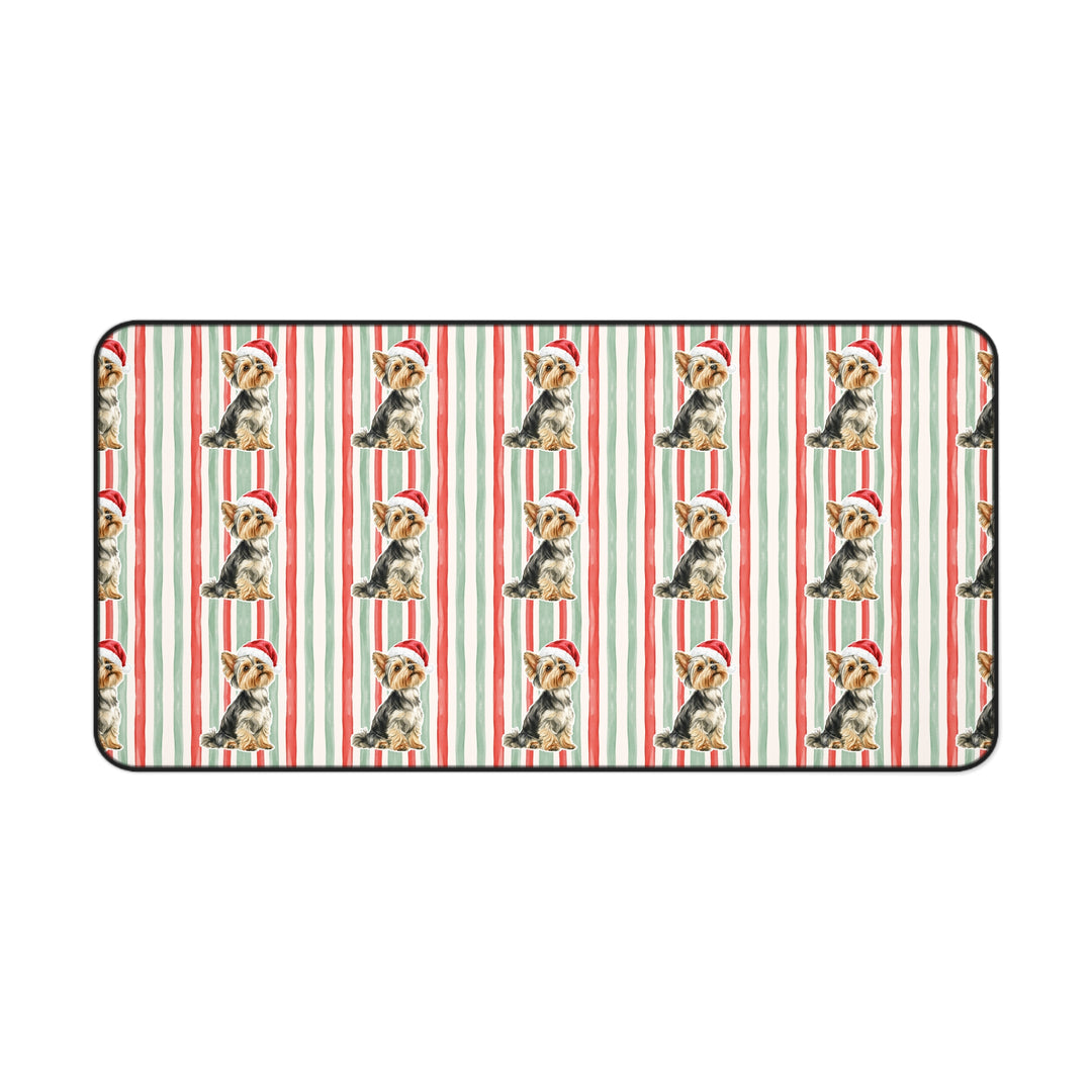 Yorkshire Terrier Christmas Desk Mat, Red Sage Stripes, Santa Dog Desk Pad