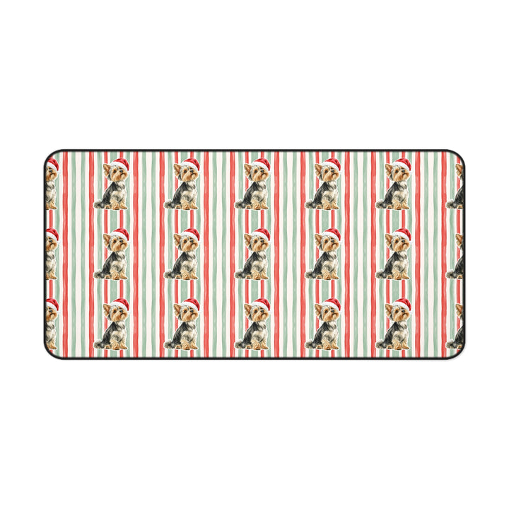 Yorkshire Terrier Christmas Desk Mat, Red Sage Stripes, Santa Dog Desk Pad