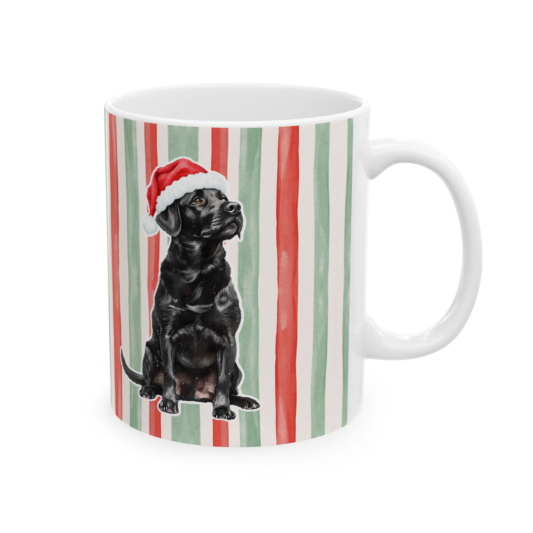 Black Labrador Christmas Mug, Red Sage Stripes, 11oz White Ceramic