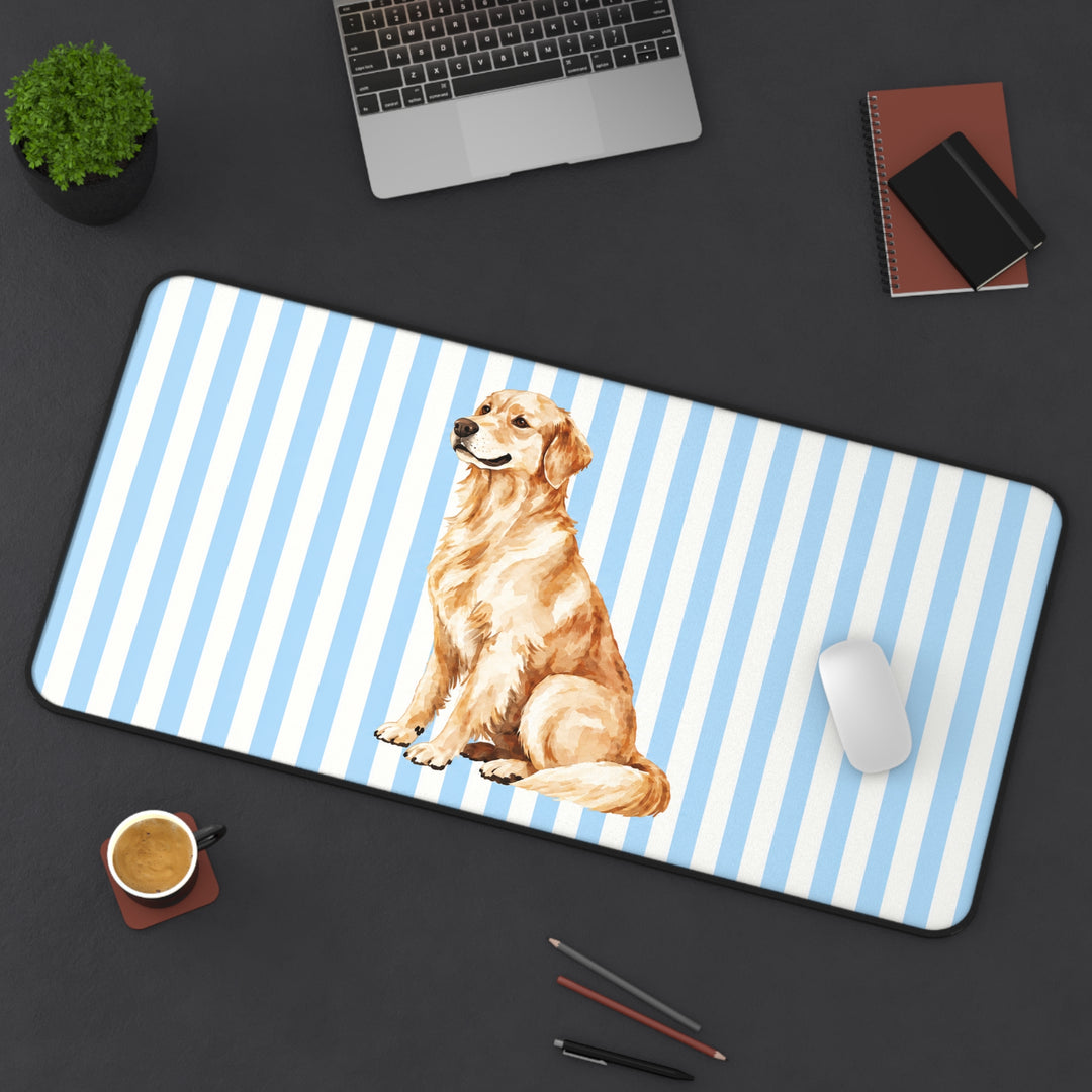 Golden Retriever Desk Mat, Blue Stripe Dog Mouse Pad, Golden Retriever Mom Gift