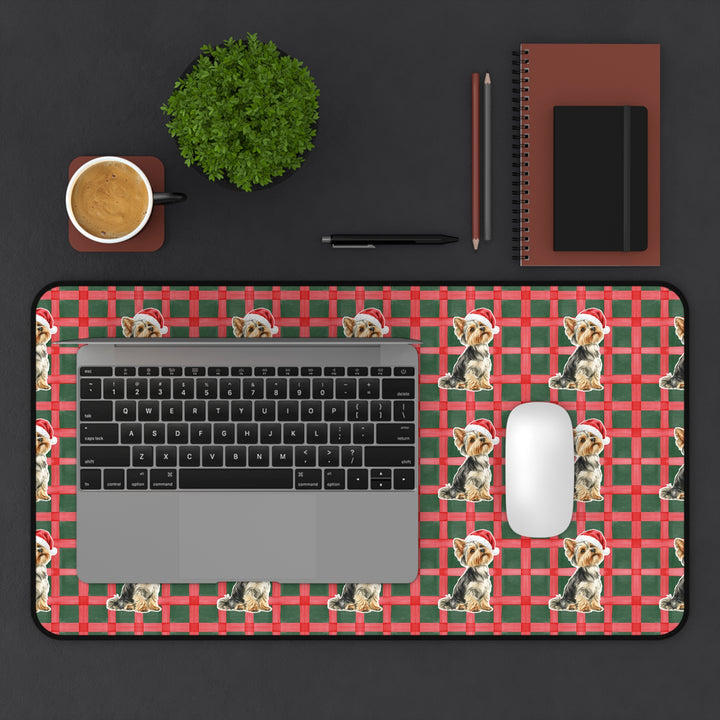 Yorkshire Terrier Christmas Desk Mat, Red Green Plaid, Santa Dog Desk Pad