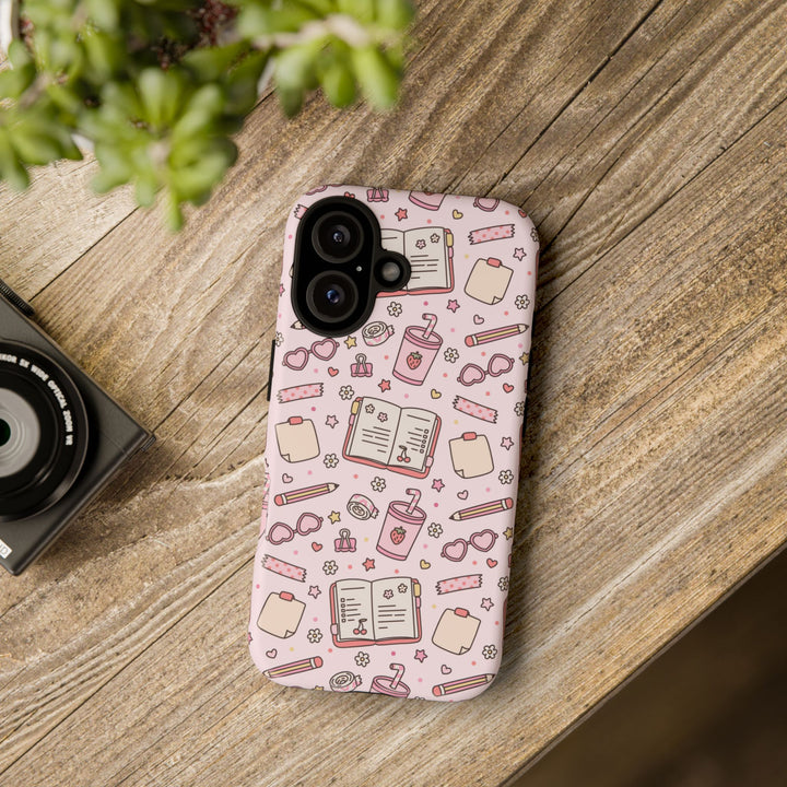 Pink Stationery Tough iPhone Case, Back to School Notebook and Pencil Phone Cover, Matte or Glossy