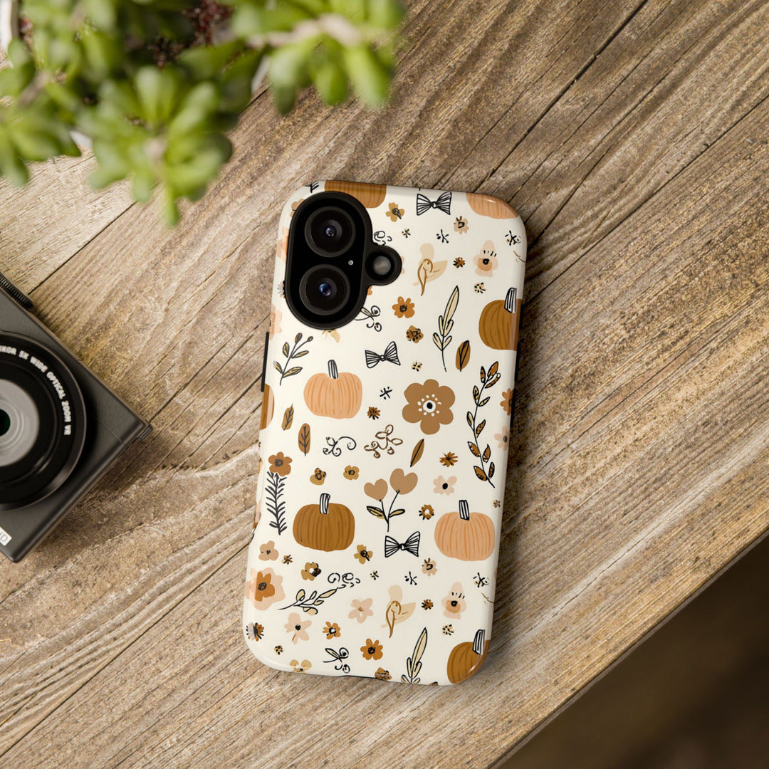 Pumpkin Floral Tough iPhone Case, Autumn Bows Phone Cover, Cream Fall Botanical Case, Matte or Glossy