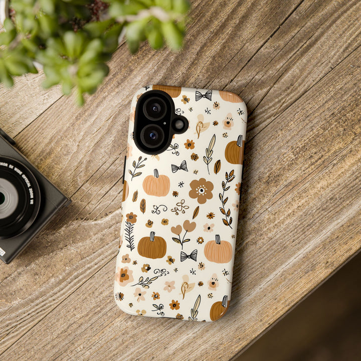 Pumpkin Floral Tough iPhone Case, Autumn Bows Phone Cover, Cream Fall Botanical Case, Matte or Glossy