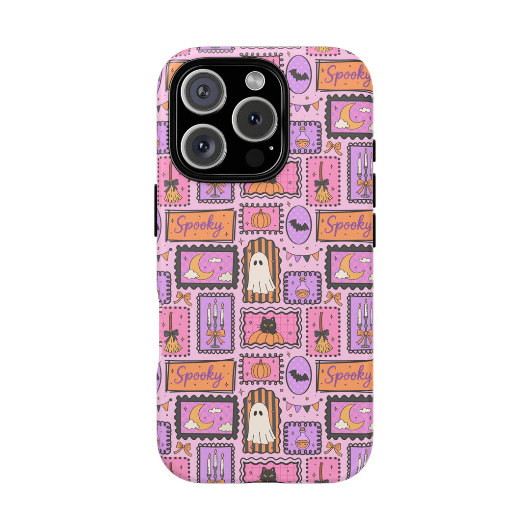 Pink Spooky Frames Tough iPhone Case, Halloween Ghost Black Cat Pumpkin Phone Cover, Matte or Glossy
