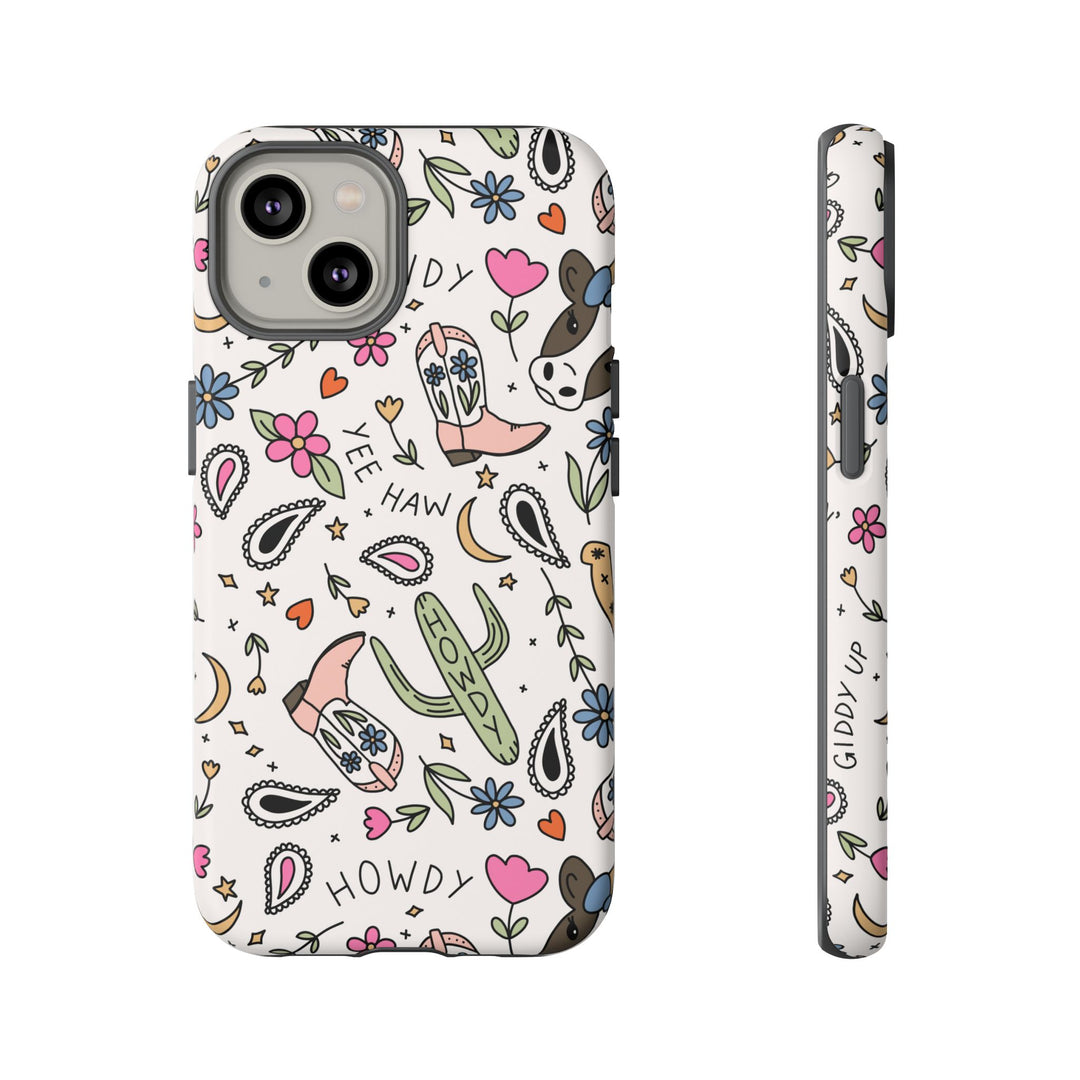 Western Cowgirl Tough iPhone Case, Pink Cowboy Boots and Howdy Phone Cover, Matte or Glossy