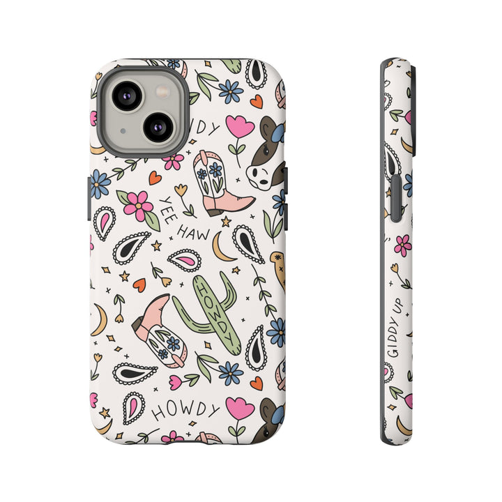 Western Cowgirl Tough iPhone Case, Pink Cowboy Boots and Howdy Phone Cover, Matte or Glossy
