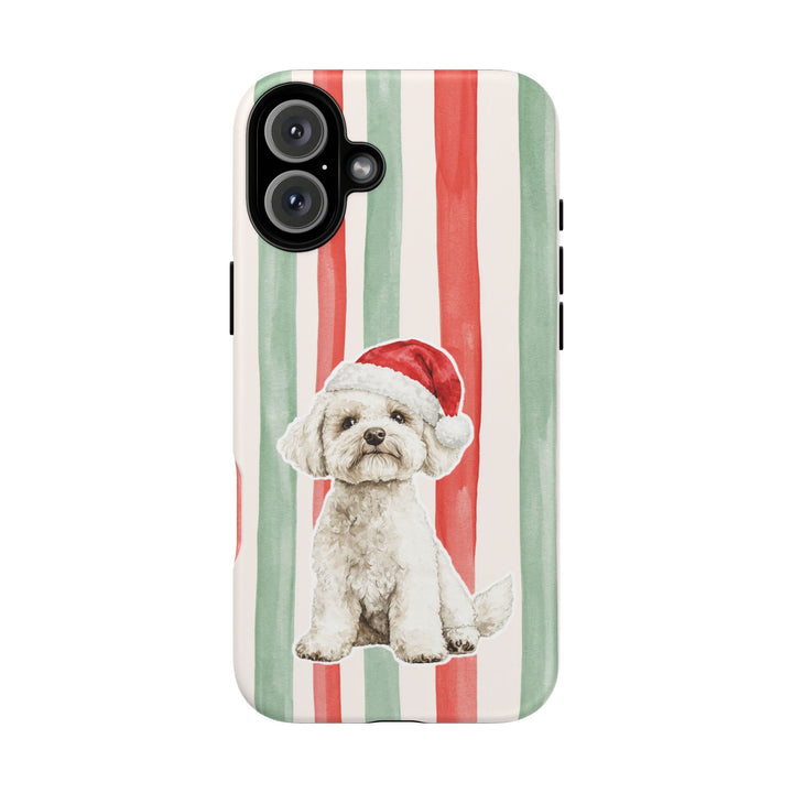 Maltese Christmas Tough iPhone Case, Red Sage Stripes, Santa Dog Phone Cover