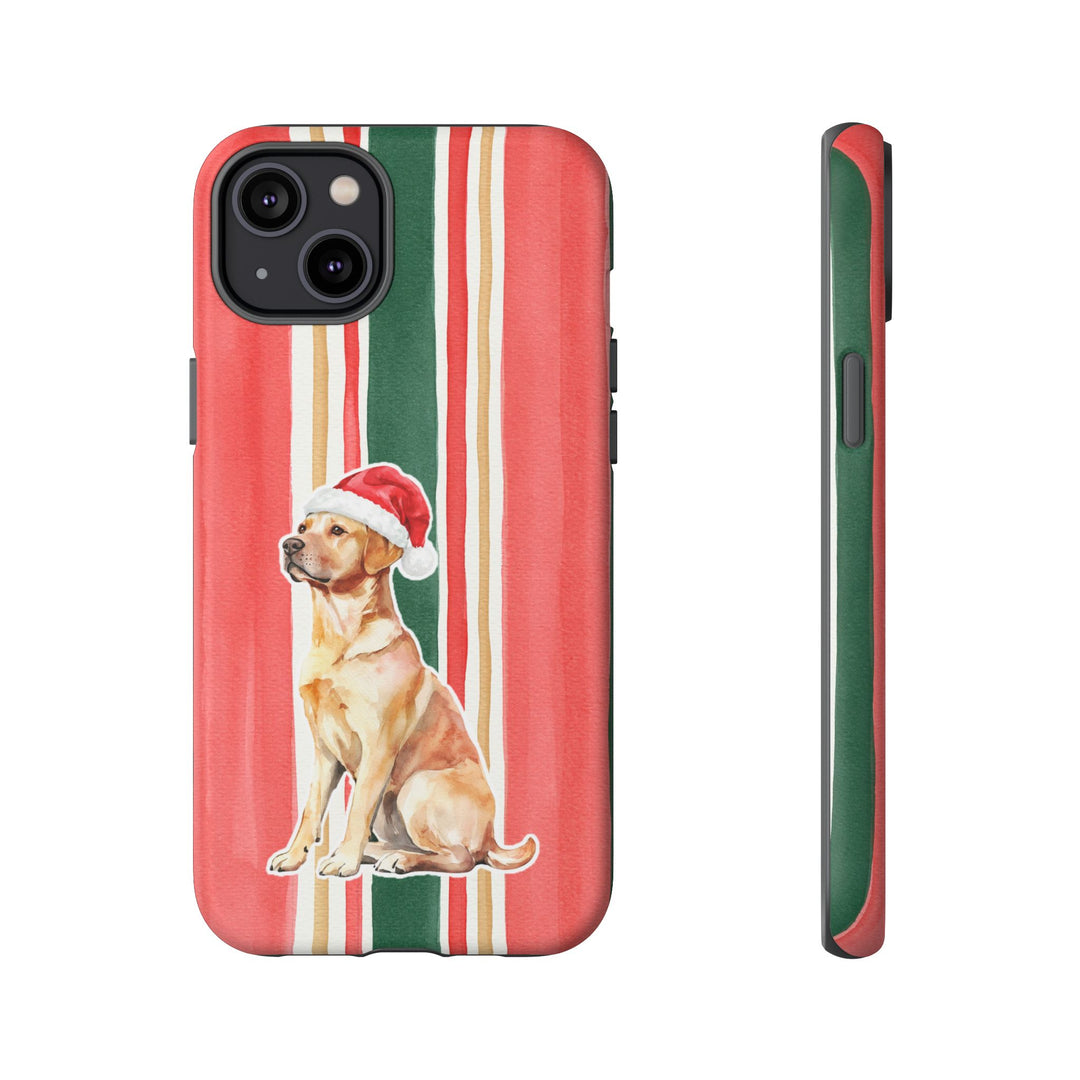 Yellow Labrador Christmas Tough iPhone Case, Classic Red Green Stripes, Santa Dog Phone Cover