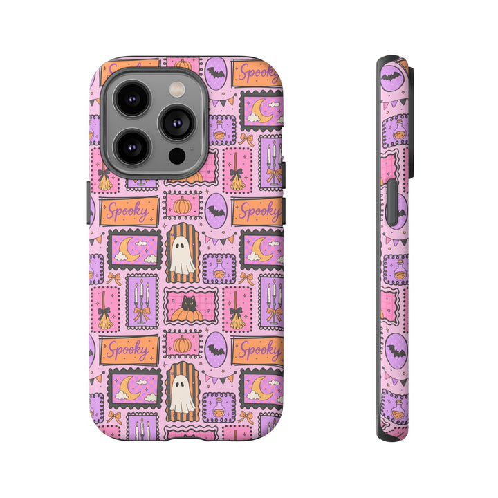 Pink Spooky Frames Tough iPhone Case, Halloween Ghost Black Cat Pumpkin Phone Cover, Matte or Glossy