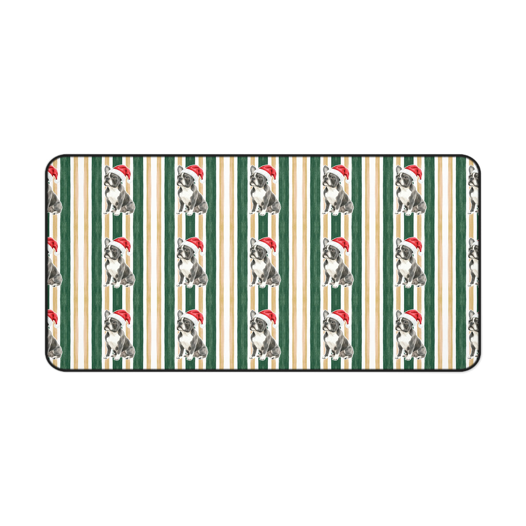 French Bulldog Christmas Desk Mat, Green Gold Stripes, Santa Dog Desk Pad