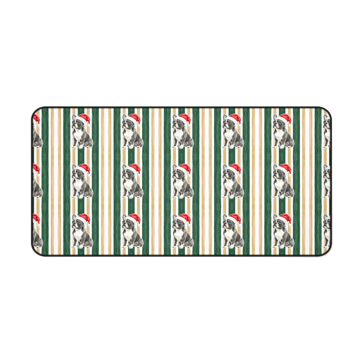 French Bulldog Christmas Desk Mat, Green Gold Stripes, Santa Dog Desk Pad