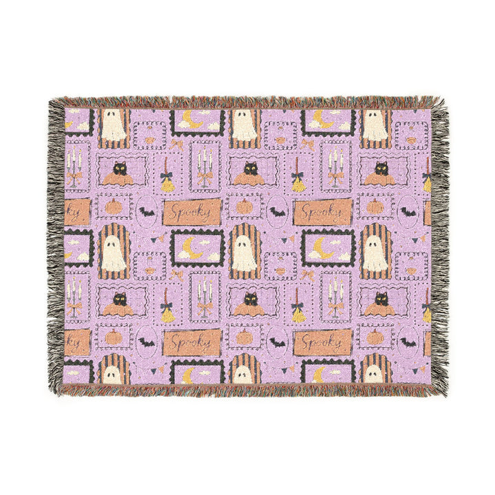 Pink Halloween Stamp Woven Blanket, Spooky Black Cat Ghost Pumpkin Cotton Throw, Pastel Witchy Home Decor