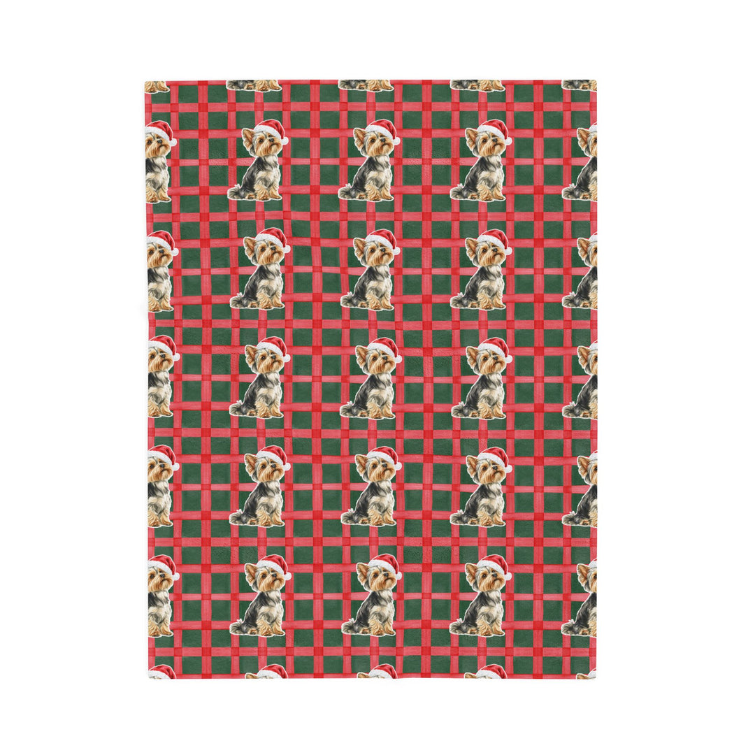 Yorkshire Terrier Christmas Velveteen Plush Blanket, Red Green Plaid, Santa Dog Throw