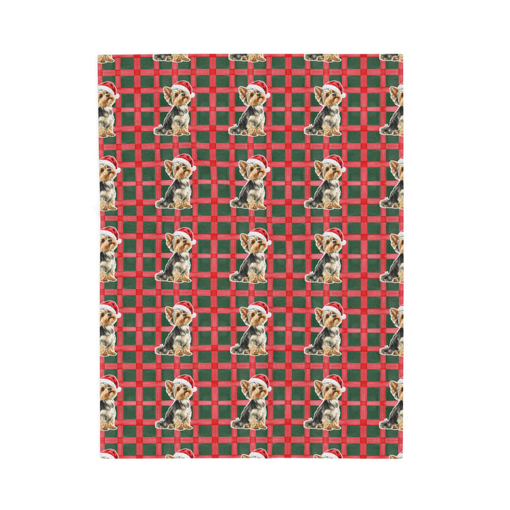 Yorkshire Terrier Christmas Velveteen Plush Blanket, Red Green Plaid, Santa Dog Throw