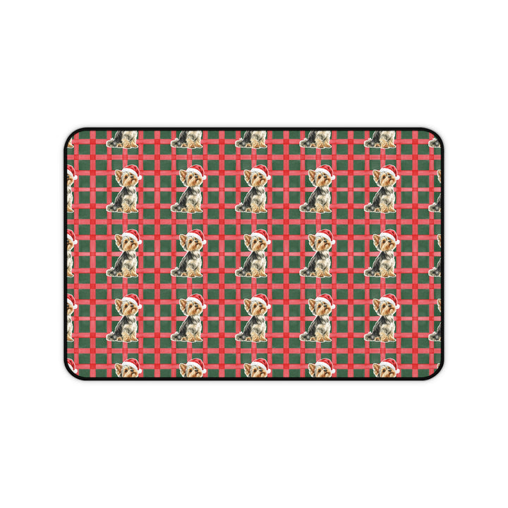 Yorkshire Terrier Christmas Desk Mat, Red Green Plaid, Santa Dog Desk Pad