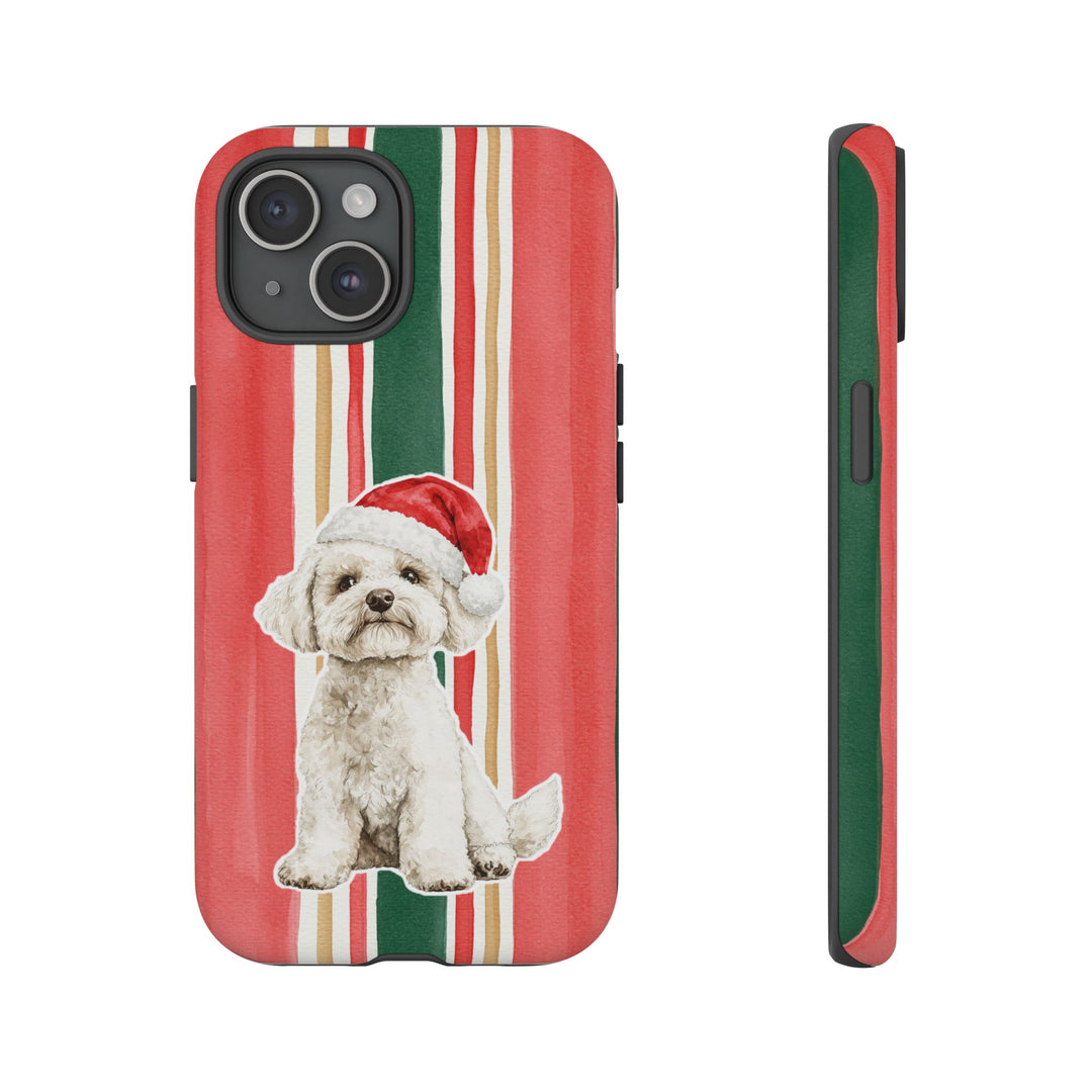 Maltese Christmas Tough iPhone Case, Classic Red Green Stripes, Santa Dog Phone Cover