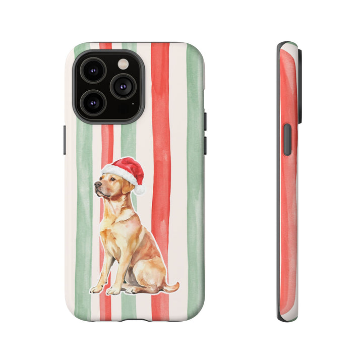 Yellow Labrador Christmas Tough iPhone Case, Red Sage Stripes, Santa Dog Phone Cover