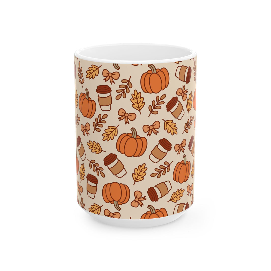 Fall Coffee Pumpkin Ceramic Mug, Autumn Bow and Leaf Coffee Cup, Pumpkin Spice Lover Gift, 11oz and 15oz