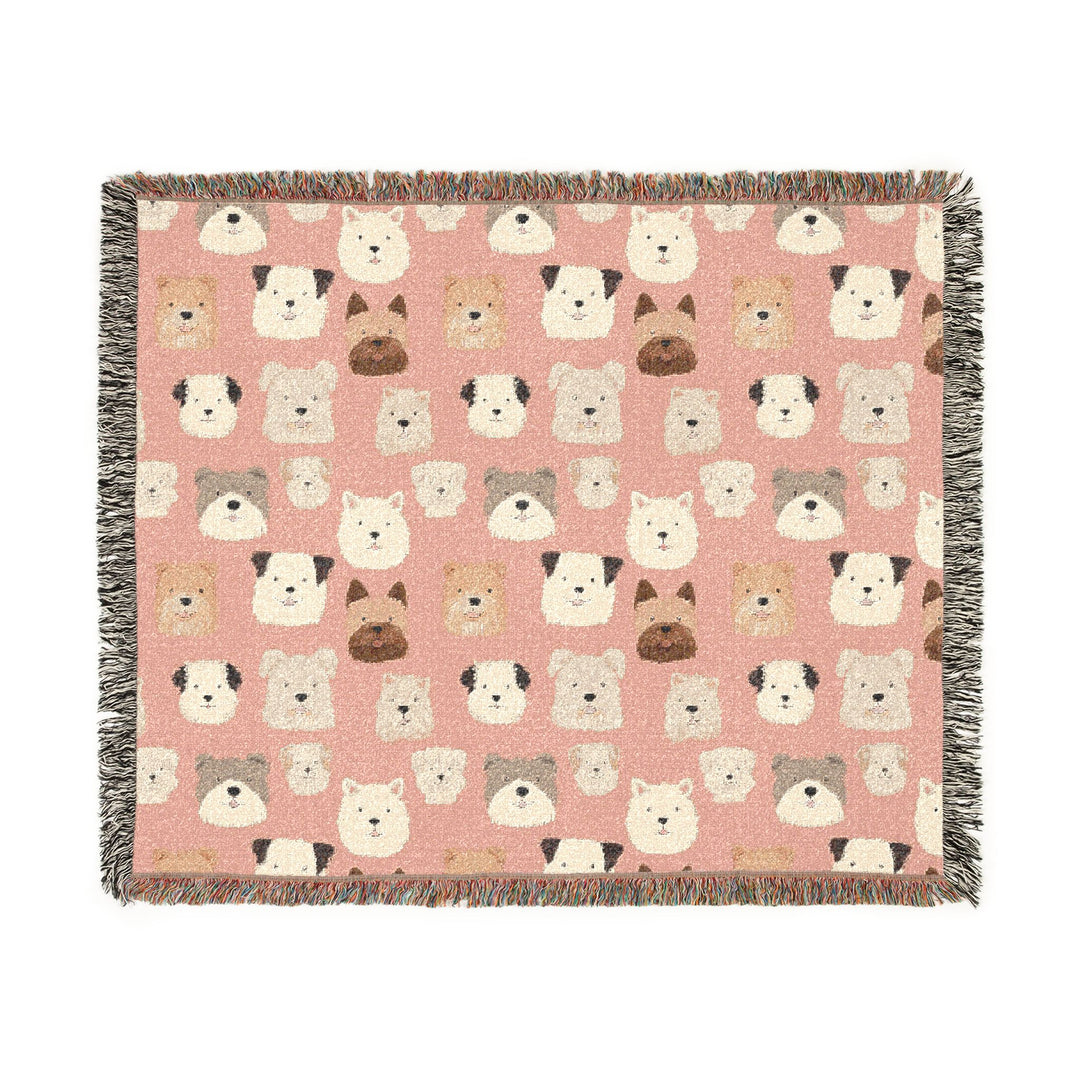 Cute Dog Woven Blanket, Pink Puppy Pattern Cotton Throw, Dog Lover Gift, Fringed Sofa Blanket