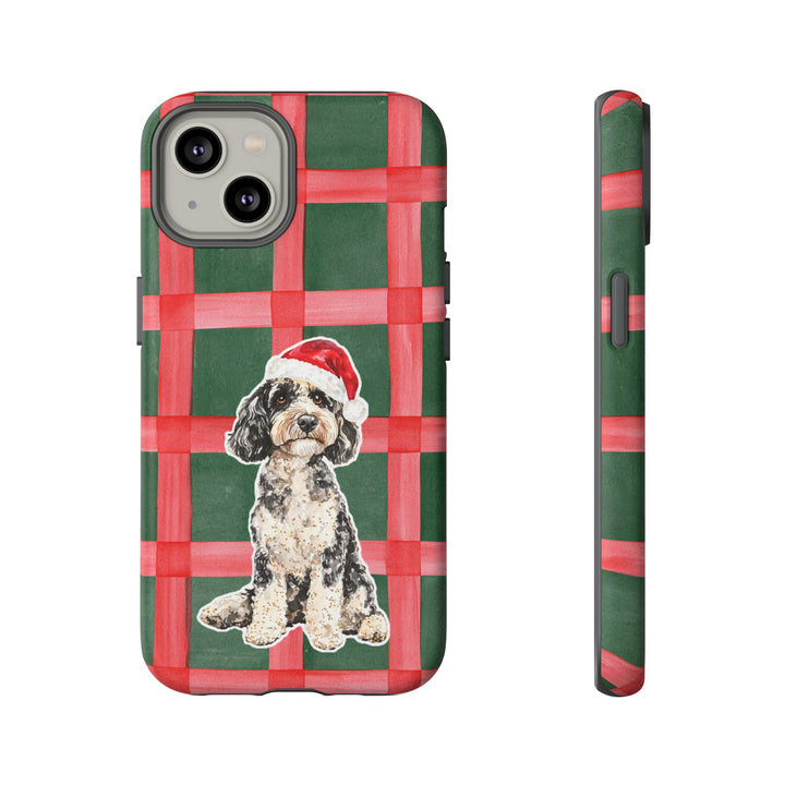 Doodle Christmas Tough iPhone Case, Red Green Plaid, Santa Dog Phone Cover