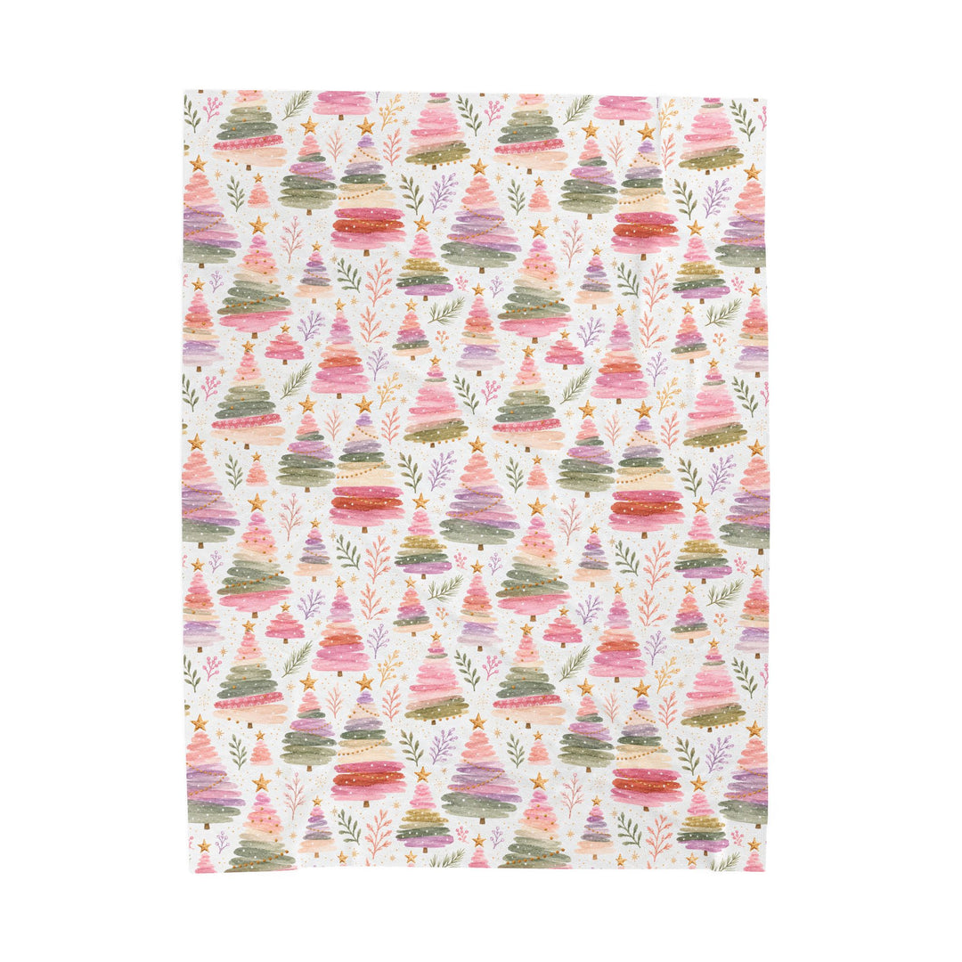 Pastel Christmas Tree Velveteen Plush Blanket, Pink Lavender Sage Holiday Throw, Watercolor Cozy Gift