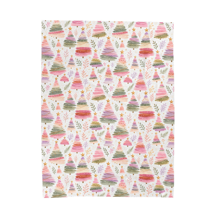 Pastel Christmas Tree Velveteen Plush Blanket, Pink Lavender Sage Holiday Throw, Watercolor Cozy Gift
