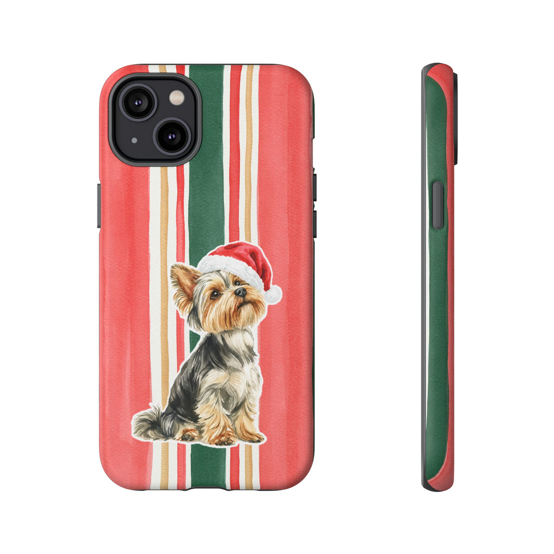 Yorkshire Terrier Christmas Tough iPhone Case, Classic Red Green Stripes, Santa Dog Phone Cover