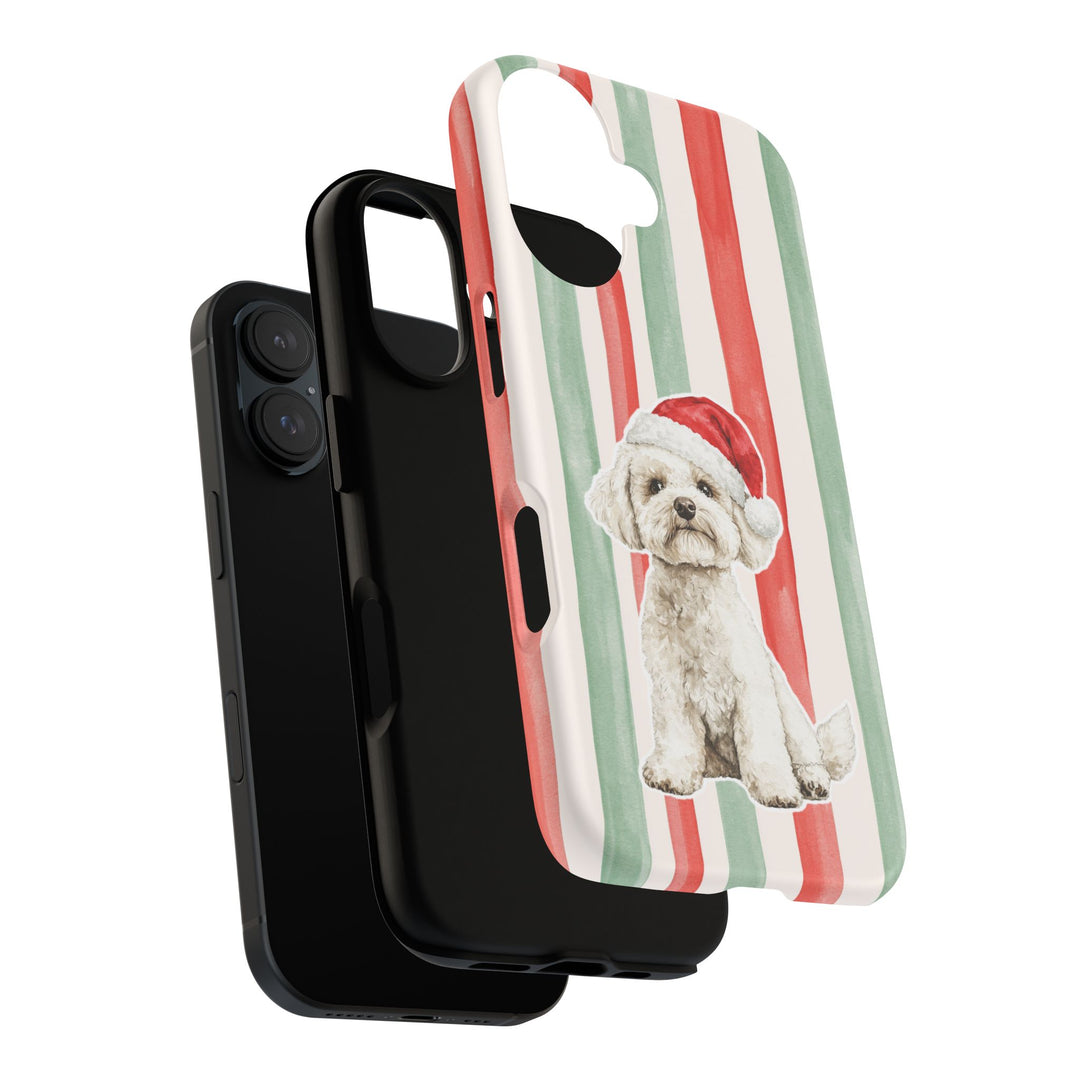 Maltese Christmas Tough iPhone Case, Red Sage Stripes, Santa Dog Phone Cover