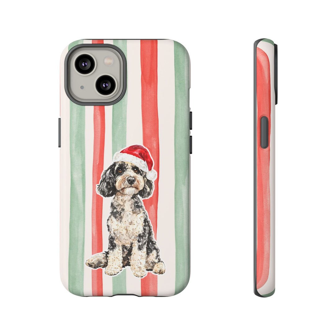 Doodle Christmas Tough iPhone Case, Red Sage Stripes, Santa Dog Phone Cover