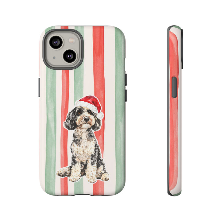 Doodle Christmas Tough iPhone Case, Red Sage Stripes, Santa Dog Phone Cover
